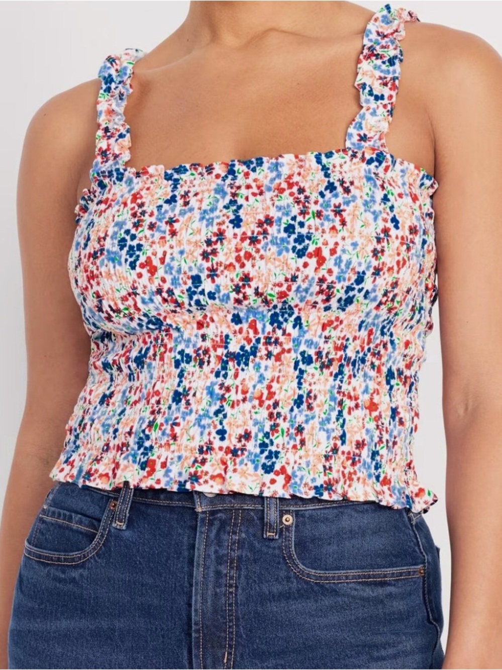 Old Navy Smocked Floral Ruffle-Strap Crop Top - White Multi